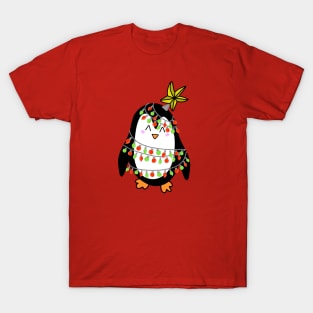 Cute Christmas Tree Lights Wrapped Penguin with a Star on his Head on a Maroon Backdrop, made by EndlessEmporium T-Shirt